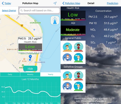 TouchAir provides real-time air quality information for any location in Hong Kong and mainland China  (Image source: TouchAir Mobile App)