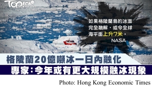 格陵蘭島20億噸冰一日內融化　NASA：完全融化或令球海平面上升7米 (Hong Kong Economic Times - 20190617)