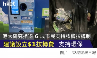 撐膠樽回收業! 港大研究指逾 6 成市民支持膠樽按樽制 建議設立 $1 按樽費 (香港經濟日報 - 20210308)